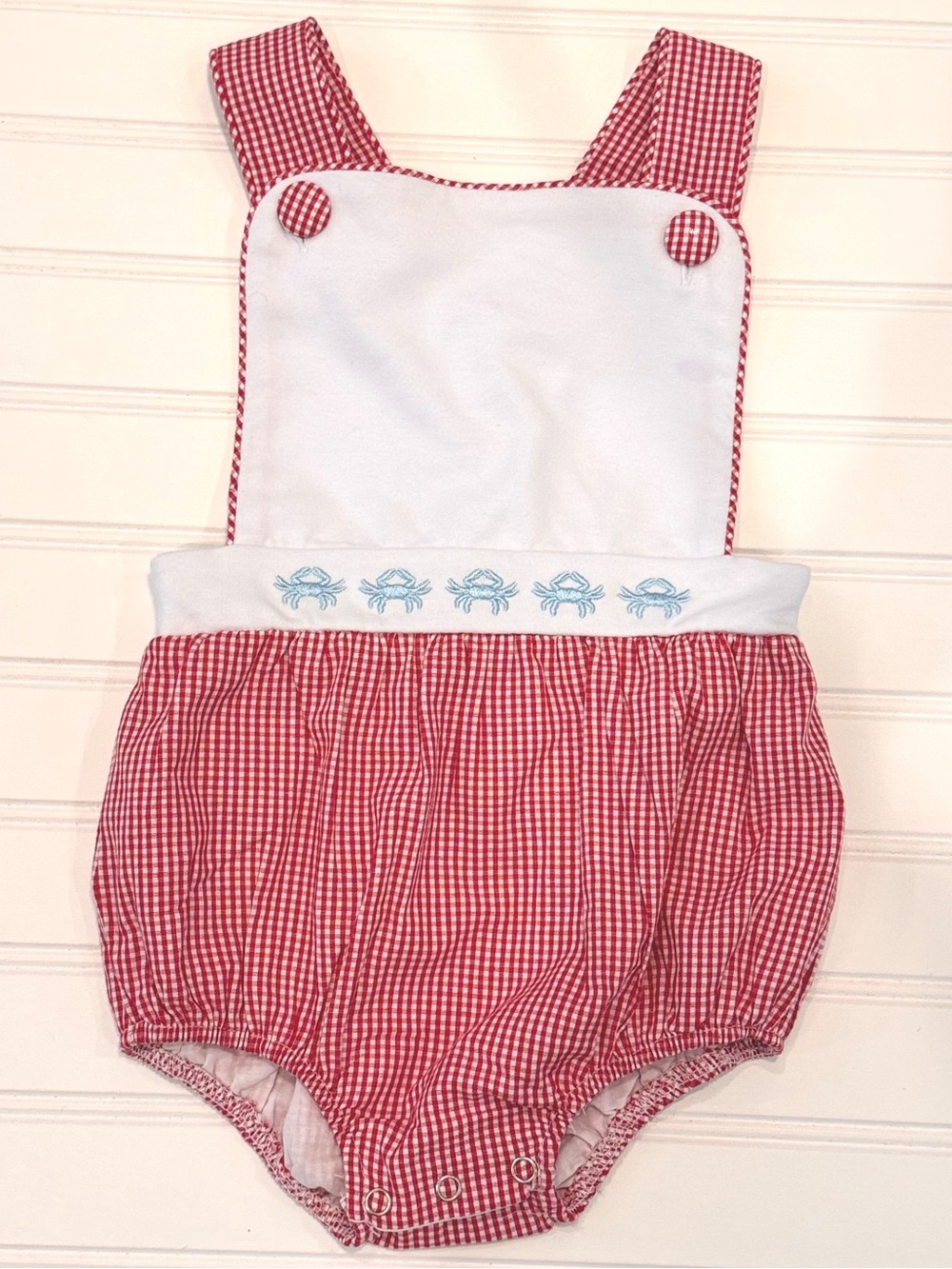 Stitchy Fish Baby Red Gingham Crab Bubble Romper 12M Coastal Summer